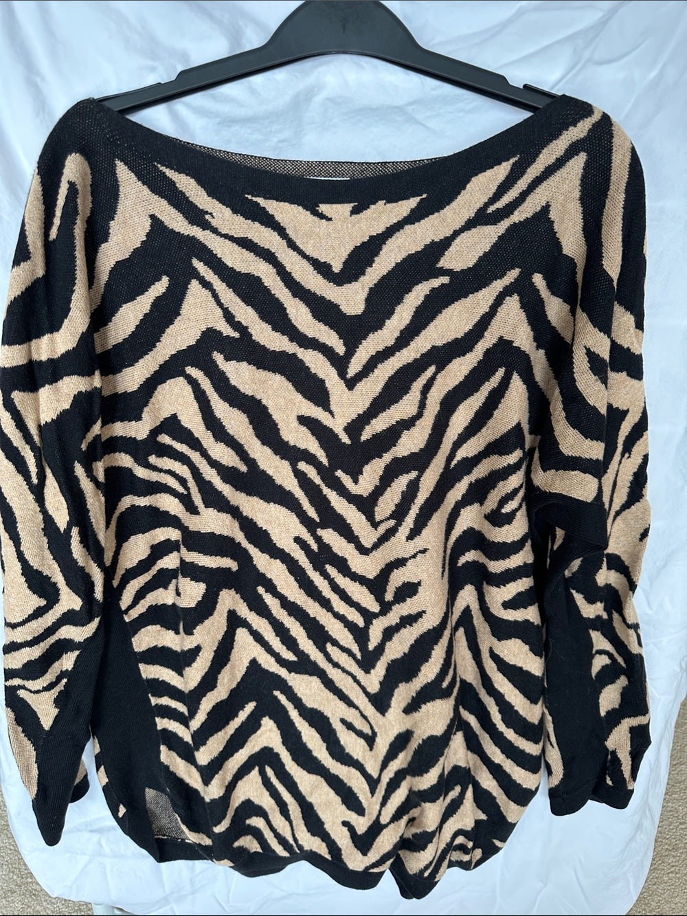 CAbi Black and Beige Zebra-Print Scoop Neck Sweater